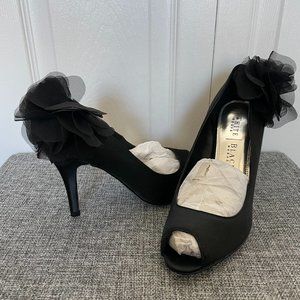 WHBM Peep Toe Sating Heels with Chiffon Flowers - Size 7.5